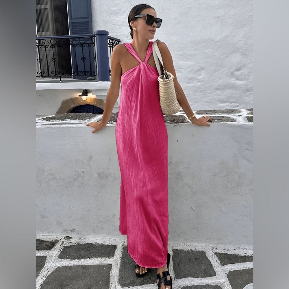 Commense Plise Halter Long Dress in Pink - Size M